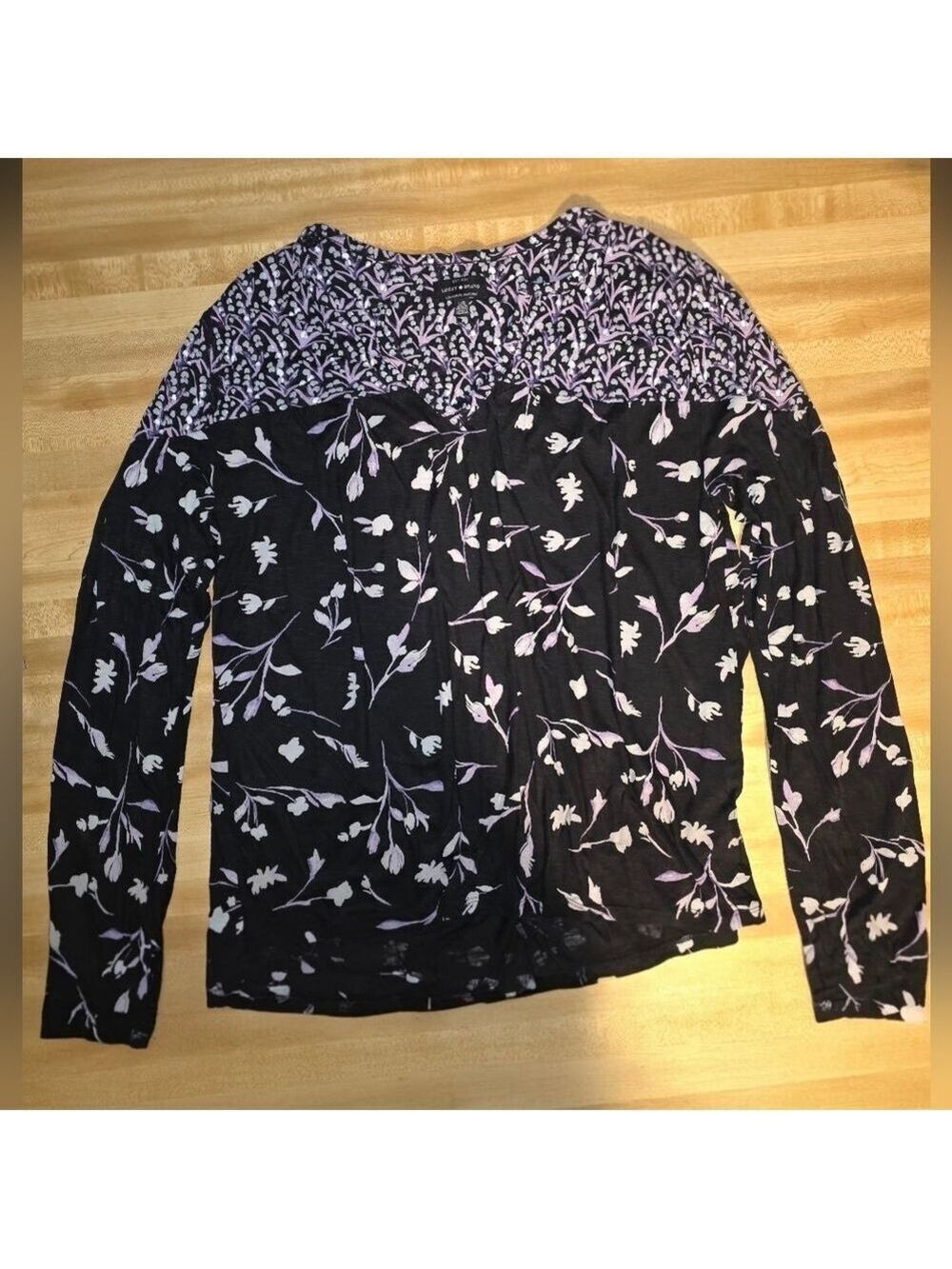 Lucky Brand Black White Floral Blouse Large #BL22 - Picture 4 of 10